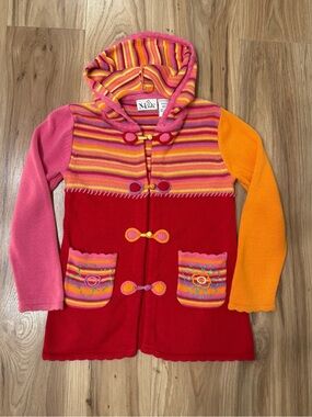 Colorblock Hooded Knit Sweater - Red, Pink & Orange-Girls 5/6